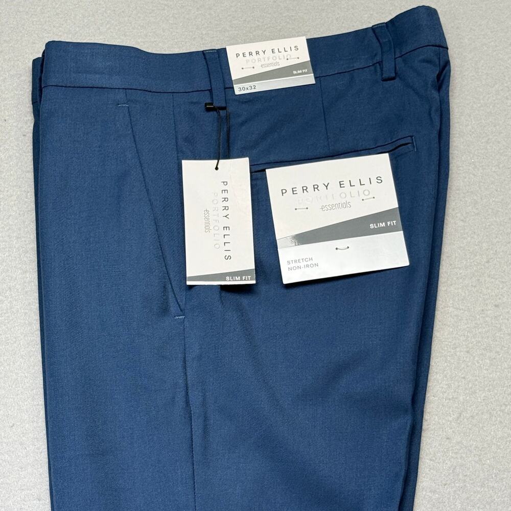 Perry Ellis Men's Slim-Fit Performance Stretch Dress Pants Blue 30x32 $95